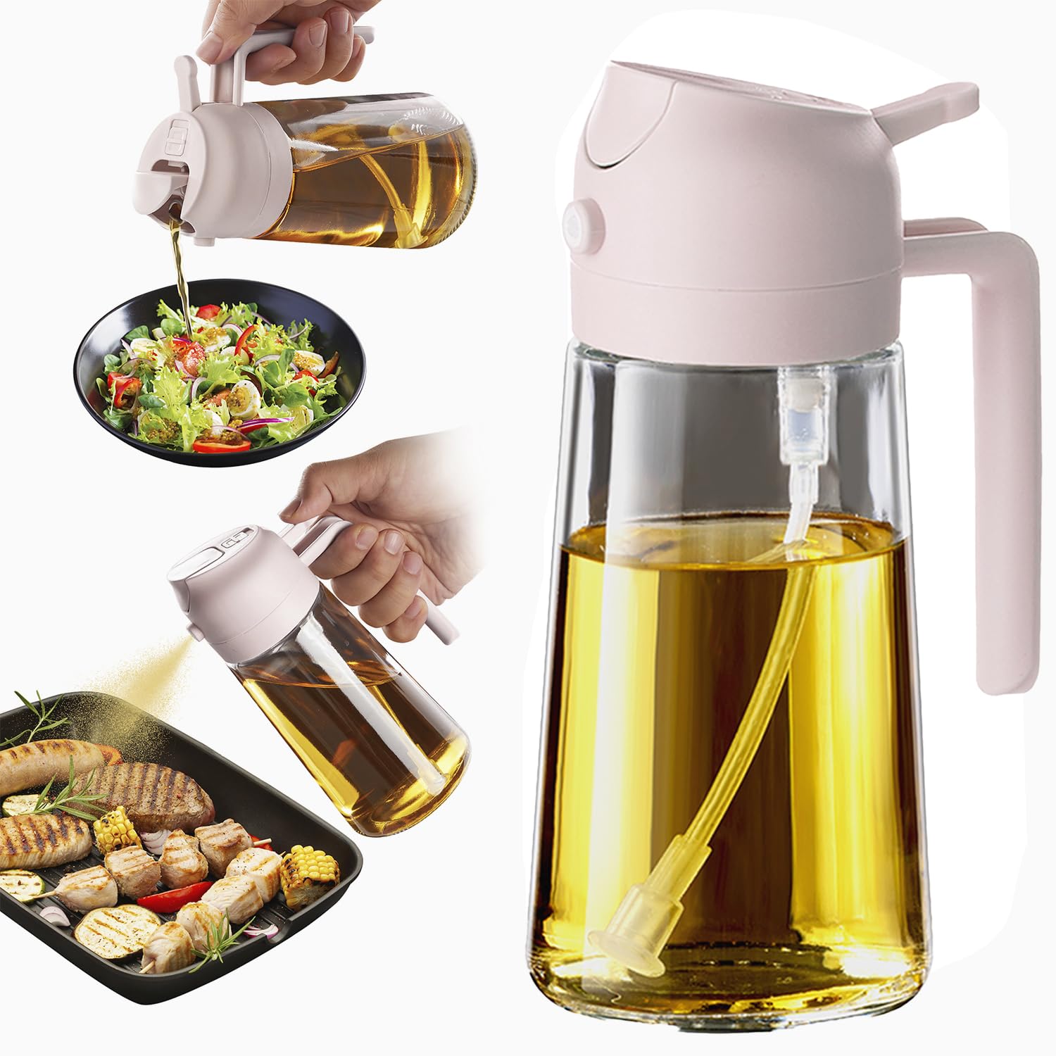 TrendPlain 16oz/470ml Glass Olive Oil Sprayer for Cooking - 2 in 1 Olive Oil Dispenser for Kitchen Gadgets, Air Fryer, Salad, and BBQ - Black